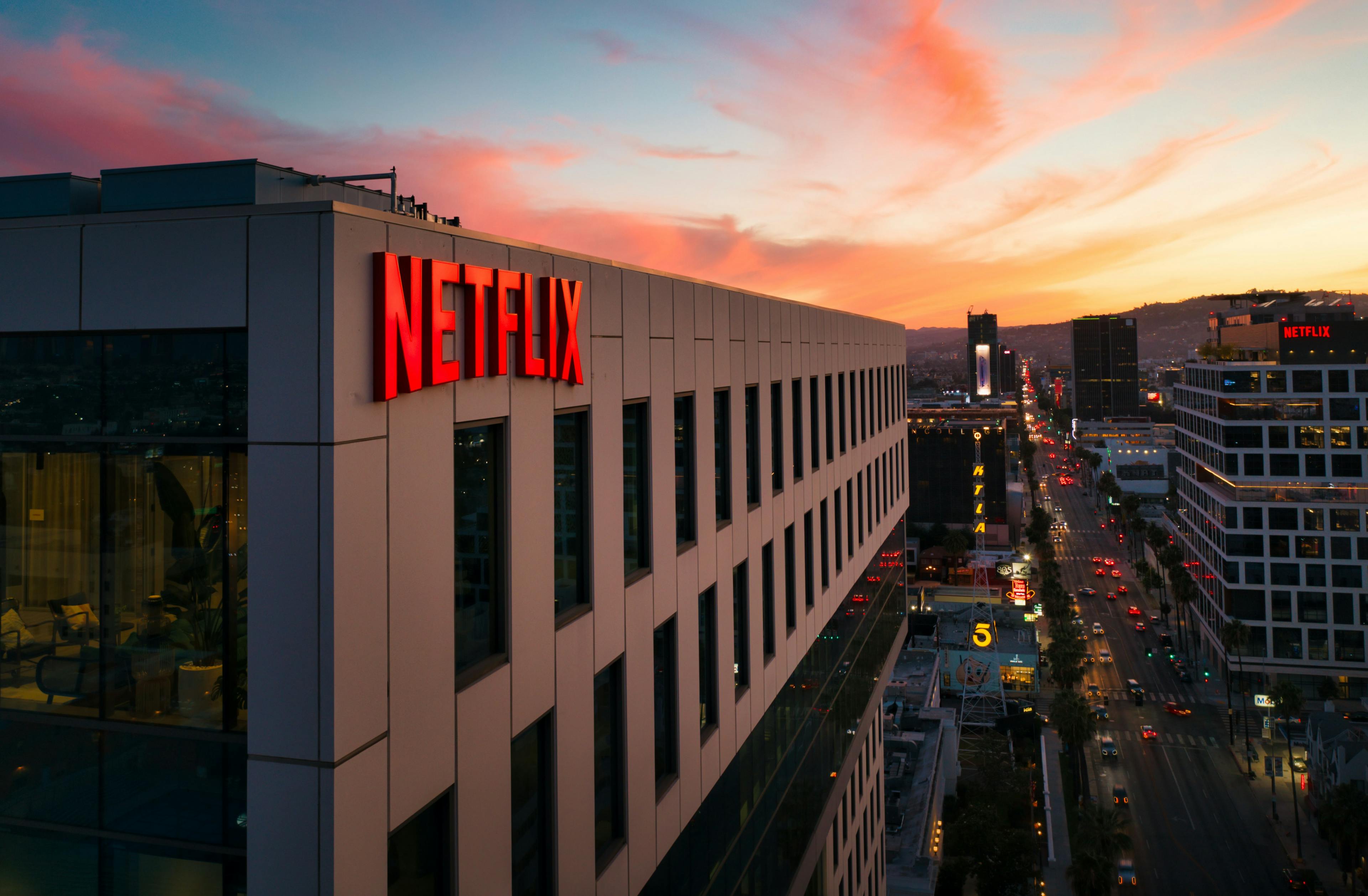 Netflix offices in Hollywood, Los Angeles with a sunset in the background